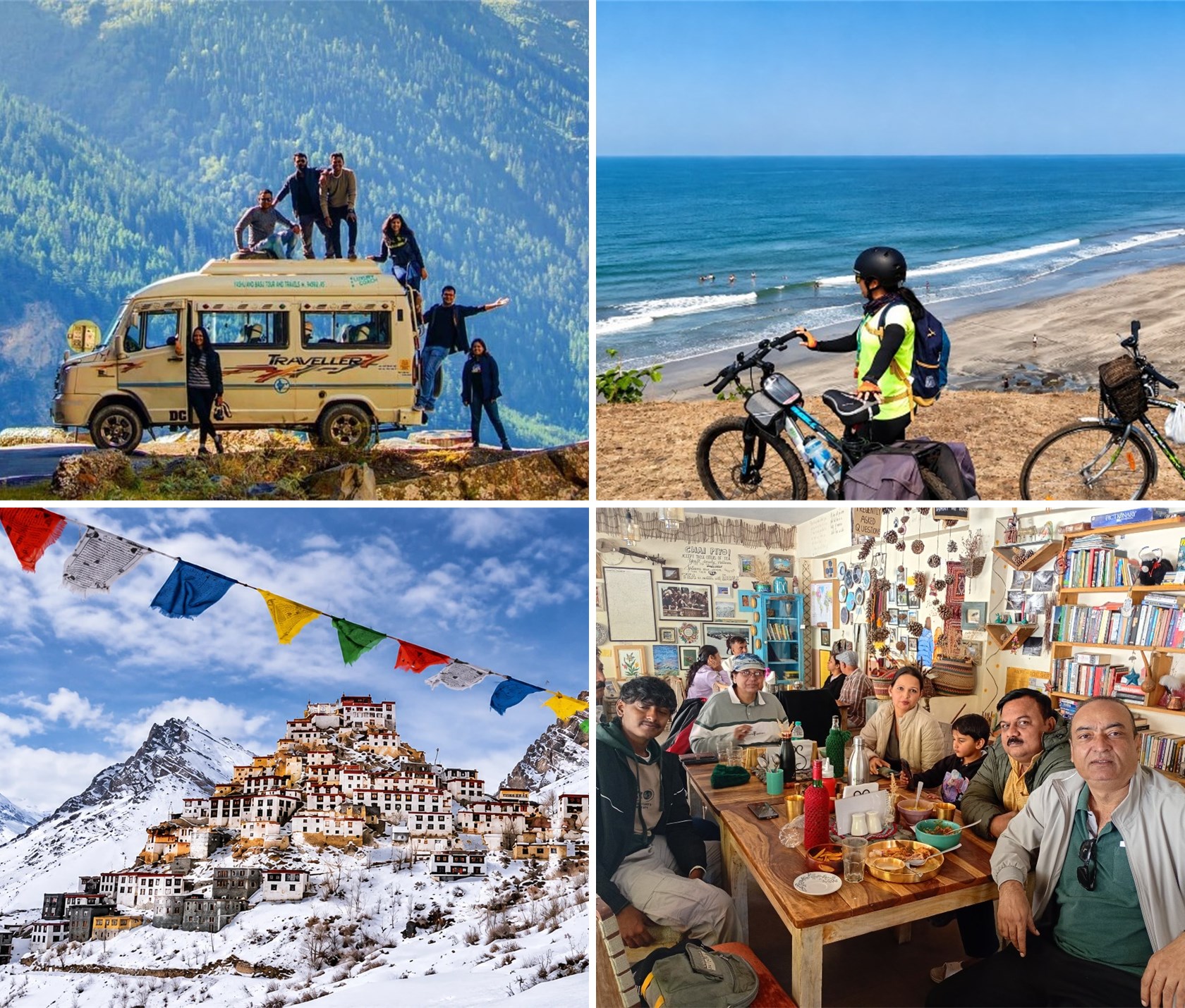 Collage of a road trip van, coastal cycling, Spiti, and a group of travellers